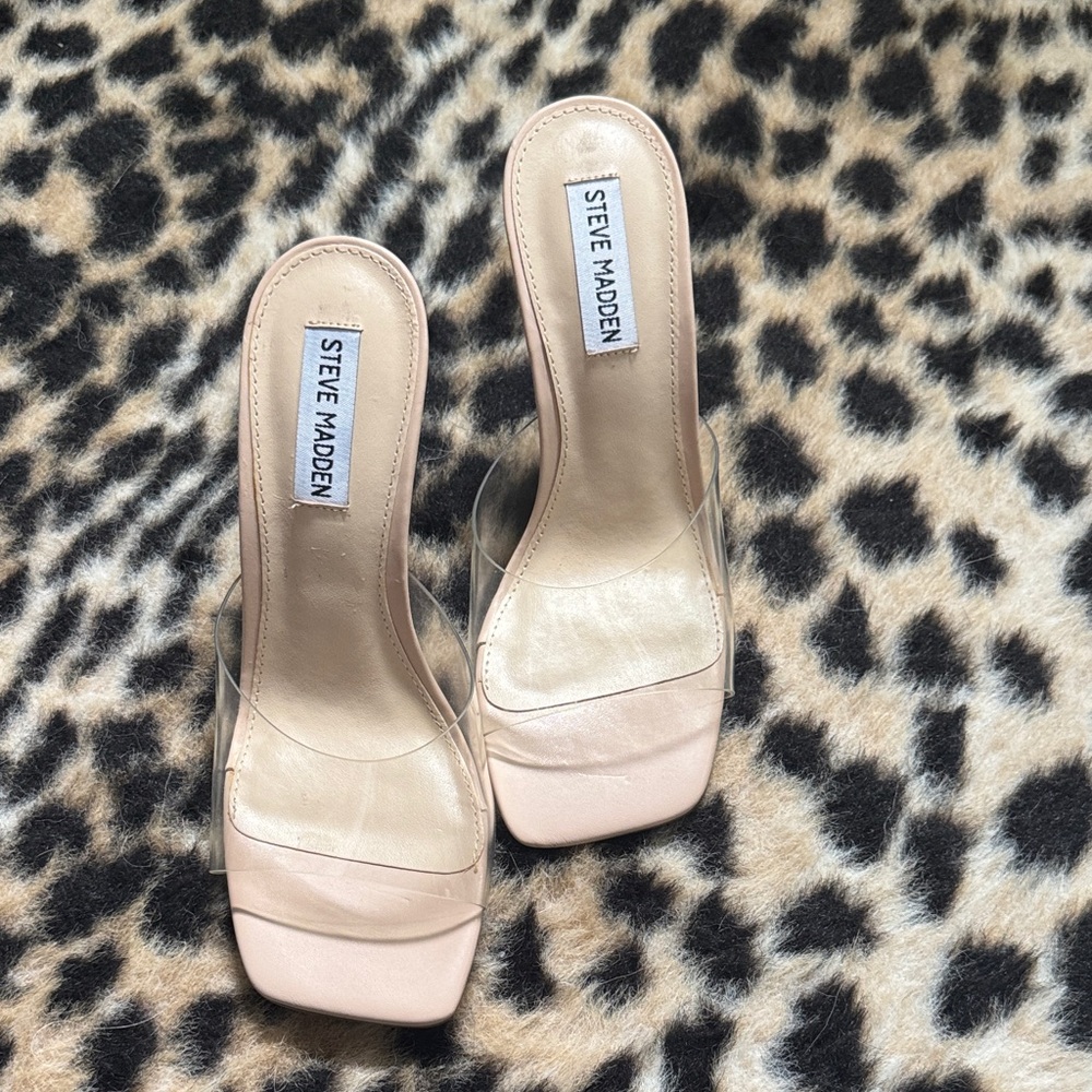 Steve Madden Nude Clear Strap Square-Toe Slide Mules